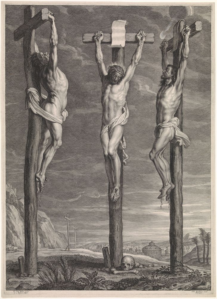 Christus aan het kruis tussen de twee gekruisigde misdadigers (1596 - 1659) by Schelte Adamsz Bolswert, Peter Paul Rubens…