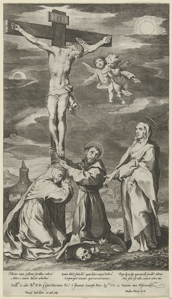 Christus aan het kruis, met Maria, de H. Franciscus en de H. Catharina van Siena (c. 1590 - c. 1613) by Cornelis Galle I…