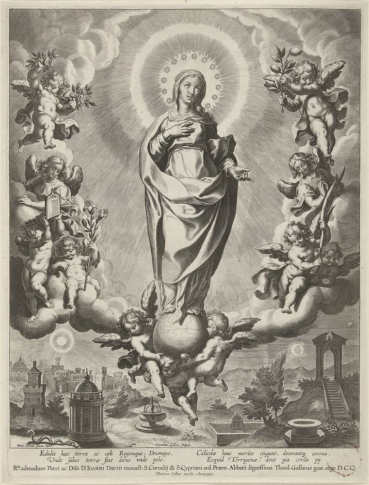 Maria op een globe, omringd door engelen (c. 1586 - c. 1633) by Cornelis Galle I, Bernardo Castello and Theodoor Galle