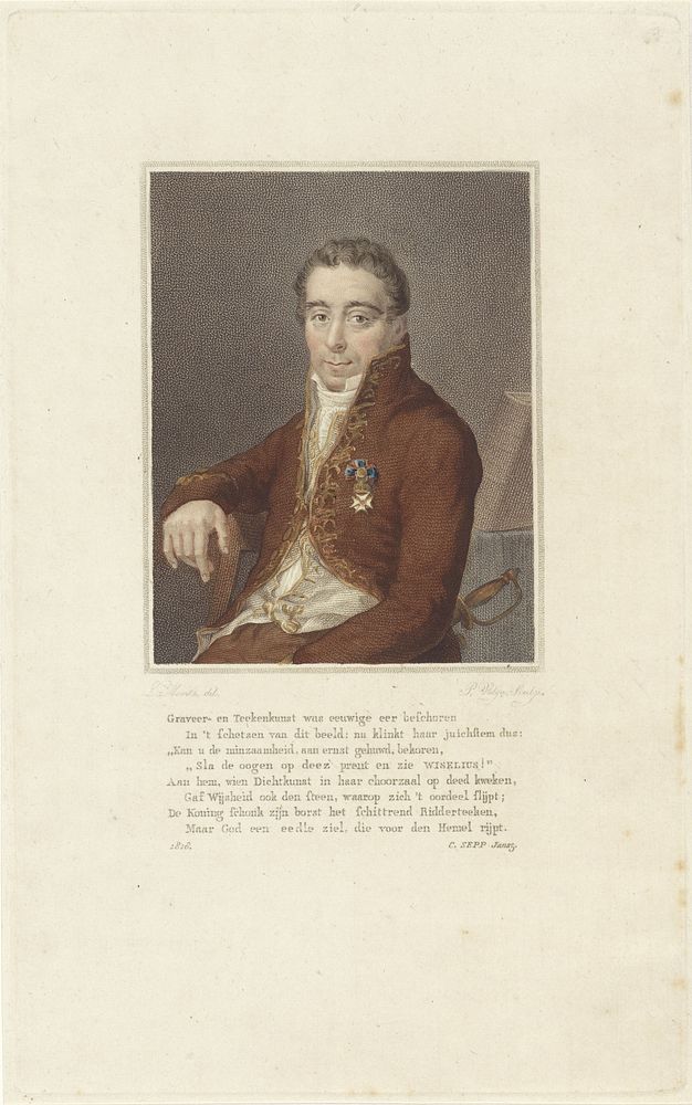 Portret van Samuel Iperuszoon Wiselius zittend op een stoel (1818) by Philippus Velijn, Louis Moritz and Christiaan Sepp…