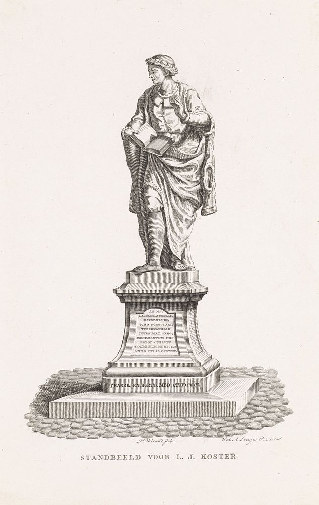 Standbeeld van Laurens Jansz. Coster (1801 - 1851) by Daniël Veelwaard I, Romeyn de Hooghe and weduwe Adriaan Pietersz…