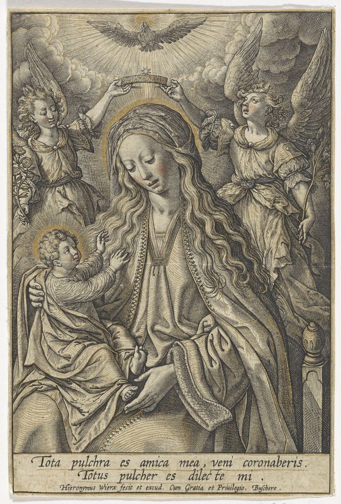 Maria met Christuskind, gekroond door twee engelen (1563 - before 1619) by Hieronymus Wierix, Hieronymus Wierix and Joachim…
