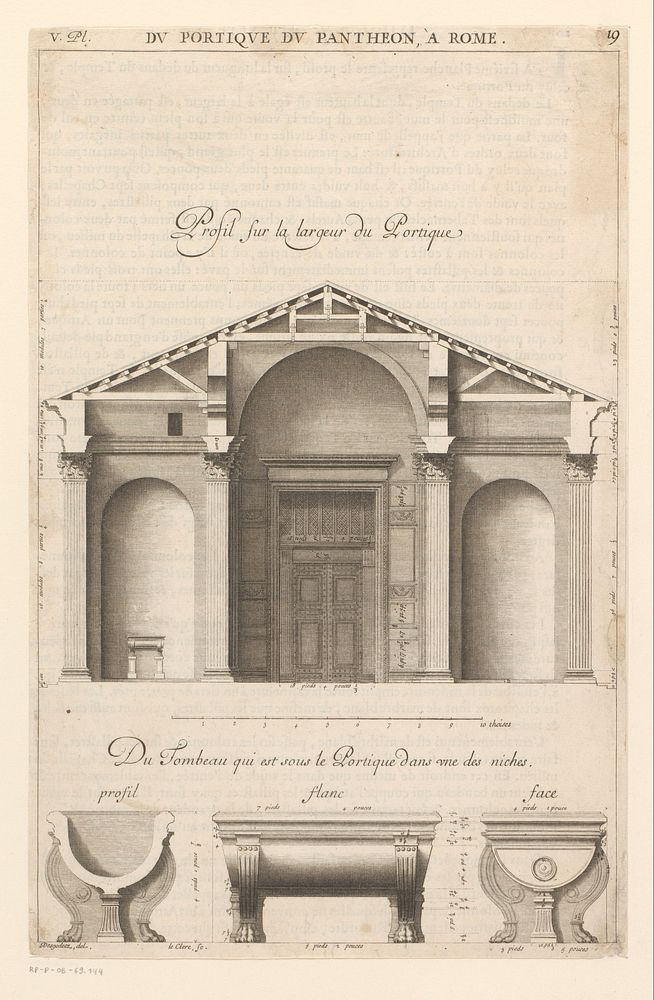 Portiek van het Pantheon in Rome en drie tombes (1682) by Sébastien Leclerc I, Antoine Babuty Desgodetz and Jean Baptiste…