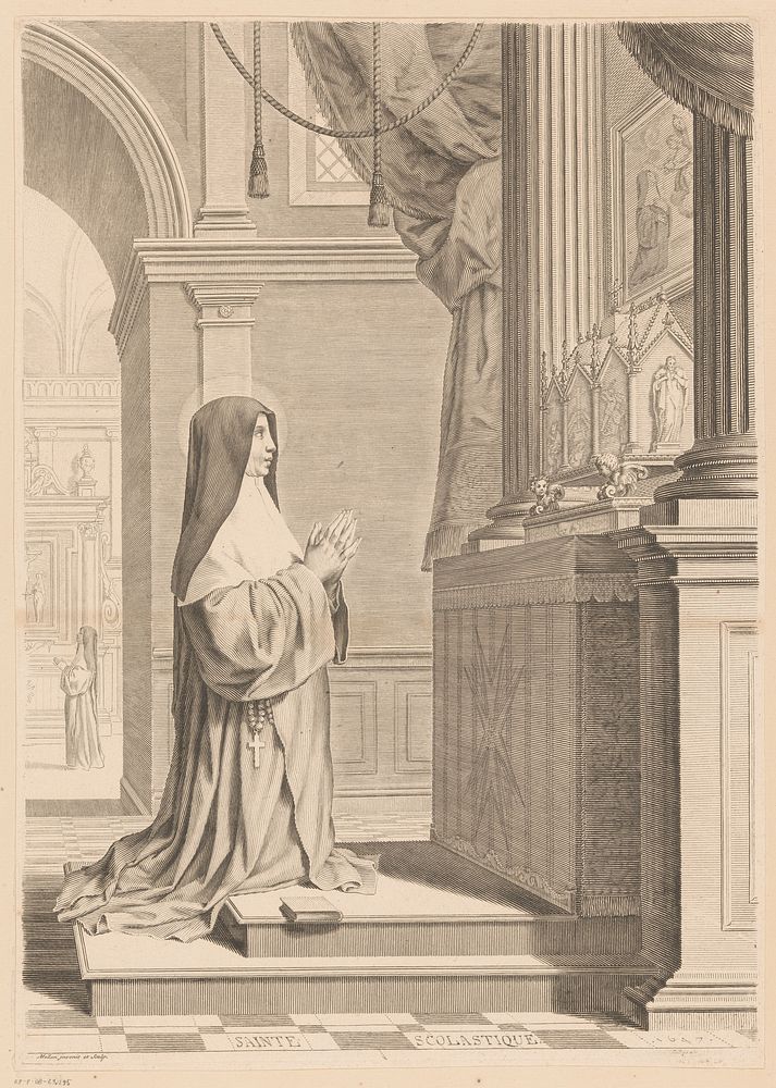 Heilige Scholastica biddend voor een reliekschrijn (1647) by Claude Mellan, Claude Mellan and Jean Lenfant