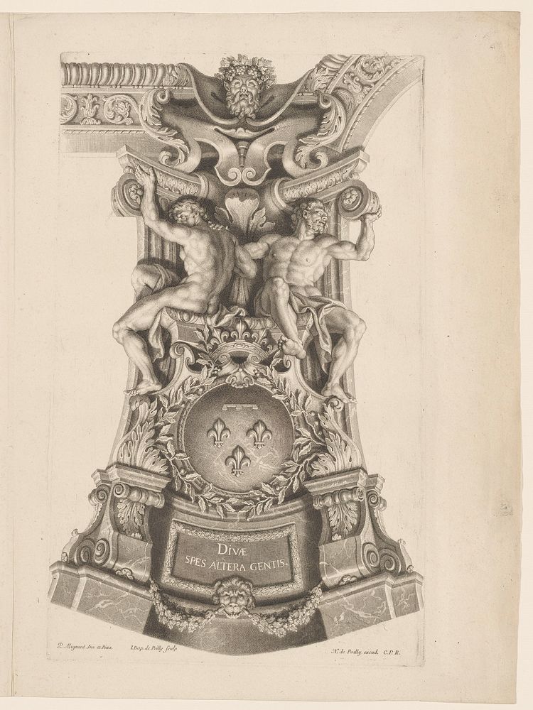 Twee atlanten (1679 - 1728) by Jean Baptiste de Poilly, Pierre Mignard 1612 1695, Nicolas de Poilly I and Franse kroon