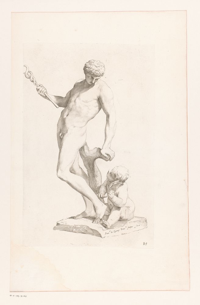 Standbeeld van Mercurius met een putto aan zijn voeten (1636 - 1637) by Claude Mellan and François Du Quesnoy