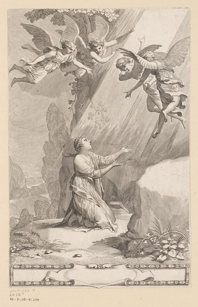 Geknielde vrouw in stralenbundel getoond door vier engelen (1641) by Claude Mellan, Imprimerie Royale and Imprimerie Royale