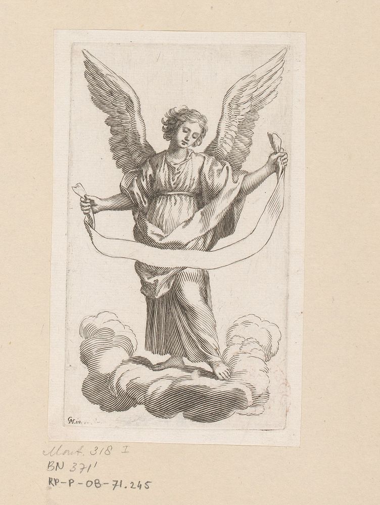 Engel staande op een wolk met banderol (1608 - 1688) by Claude Mellan and Claude Mellan