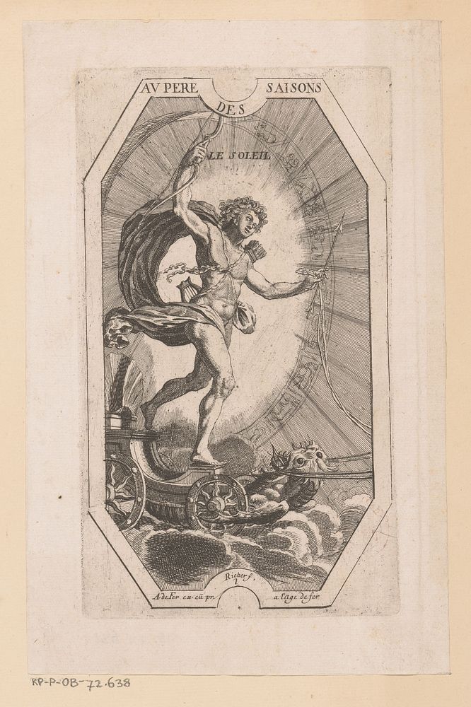 Apollo als zonnegod (c. 1630 - c. 1673) by L Richer, Antoine de Fer and Lodewijk XIV koning van Frankrijk