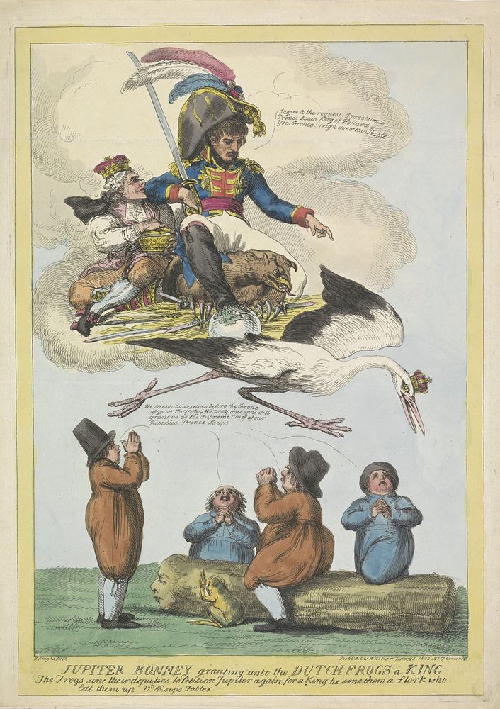 Napoleon stuurt Lodewijk Napoleon als koning in de vorm van een ooievaar naar Holland, 1806 (1806) by Samuel Knight and…