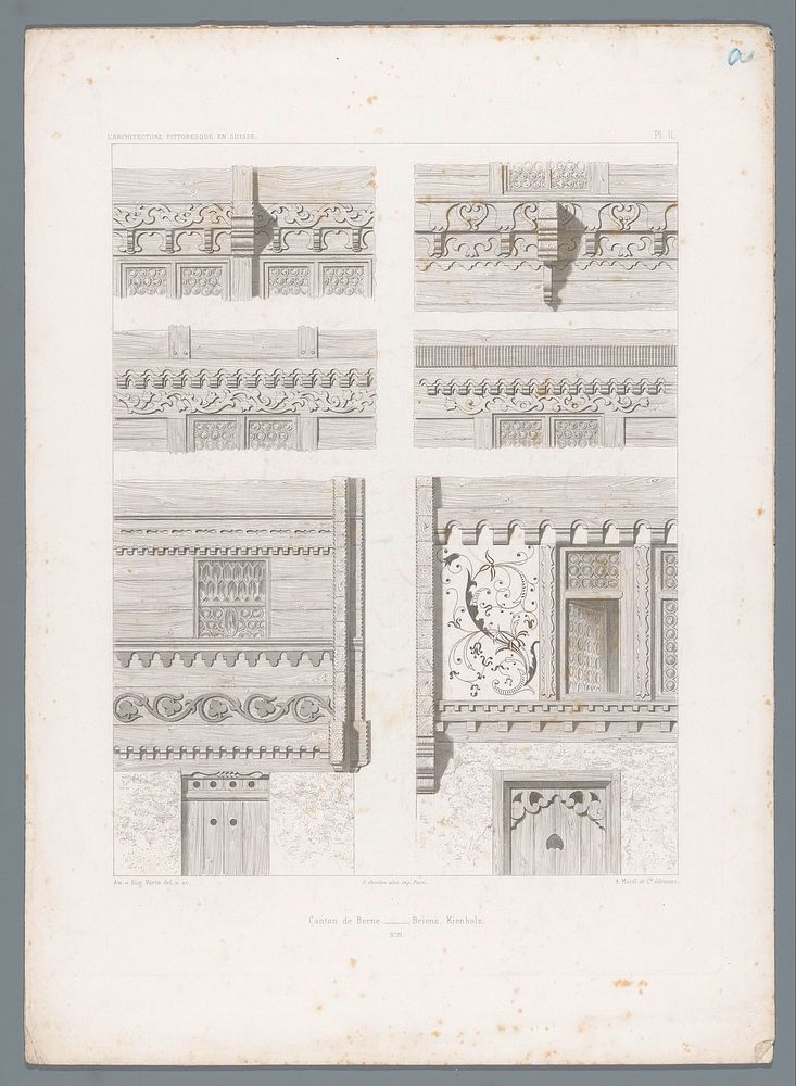Zes details van architecturale decoraties van een huis in het kanton Bern (1860) by Pierre Amedée Varin, Eugène Napoléon…
