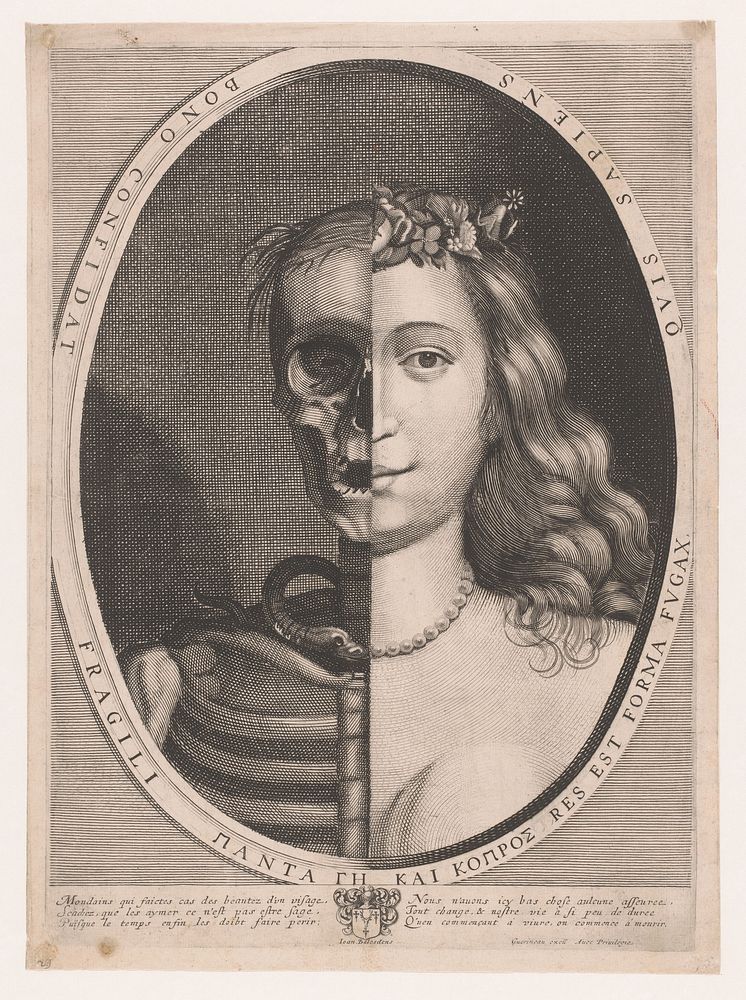 Buste van een half skelet en een half jonge vrouw (1615 - 1664) by anonymous, René Guérineau and Jean Balesdens