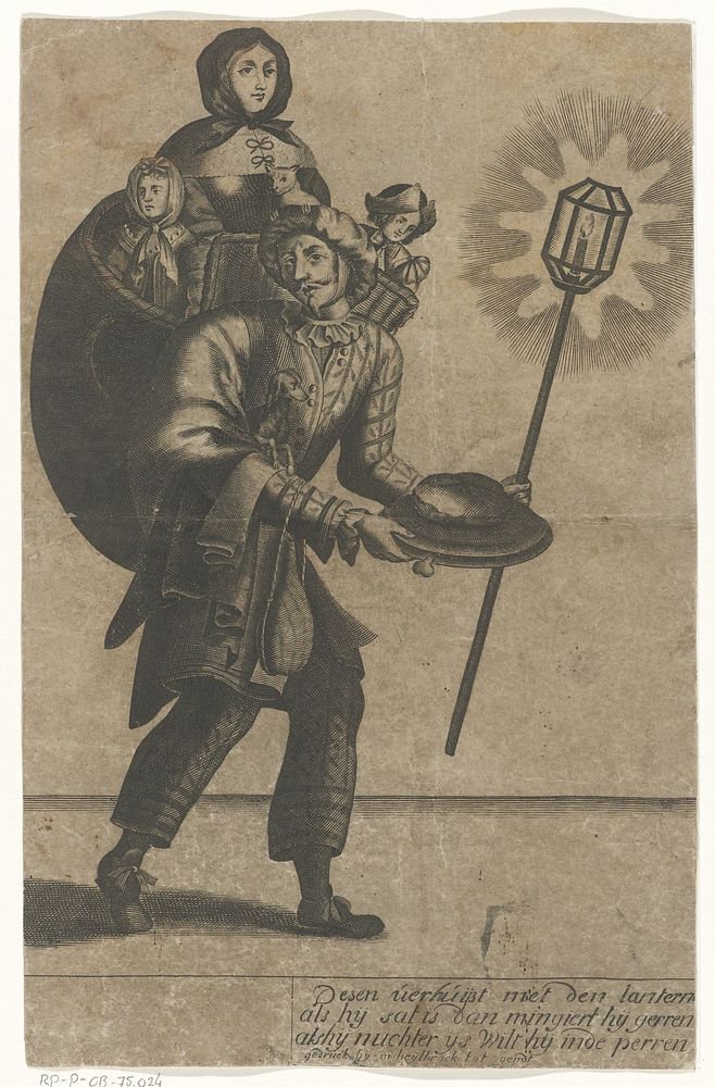 Man met lantaarn en zijn gezin in een mand op zijn rug (1650 - 1733) by anonymous and Michael Heylbroeck