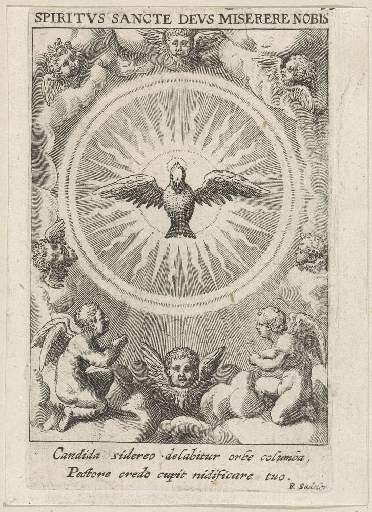 Heilige Geest als duif in een stralenkrans, omringd door cherubijnen (1617) by Raphaël Sadeler I, Raphaël Sadeler II…