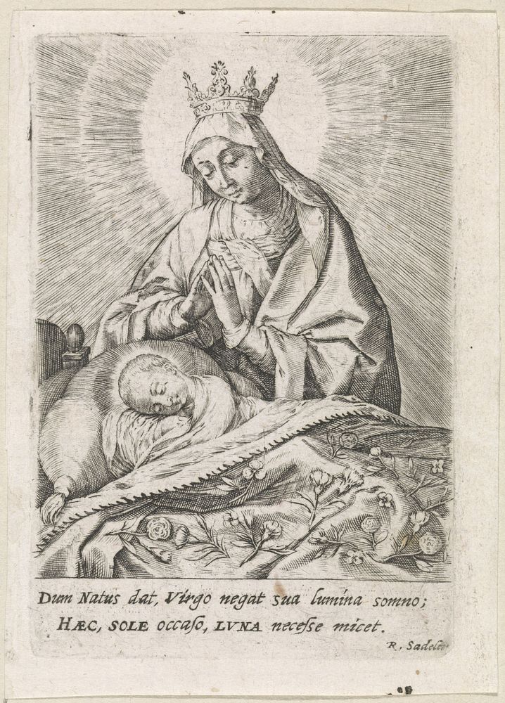 Slapend Christuskind in bed aanbeden door Maria (1617) by Raphaël Sadeler I, Raphaël Sadeler II, Raphaël Sadeler I and Anna…