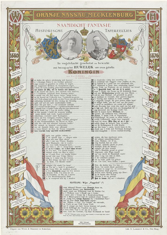 Naamdicht op Wilhelmina, koningin der Nederlanden, en Hendrik van Mecklenburg-Schwerin (1901) by anonymous, Wegner and…