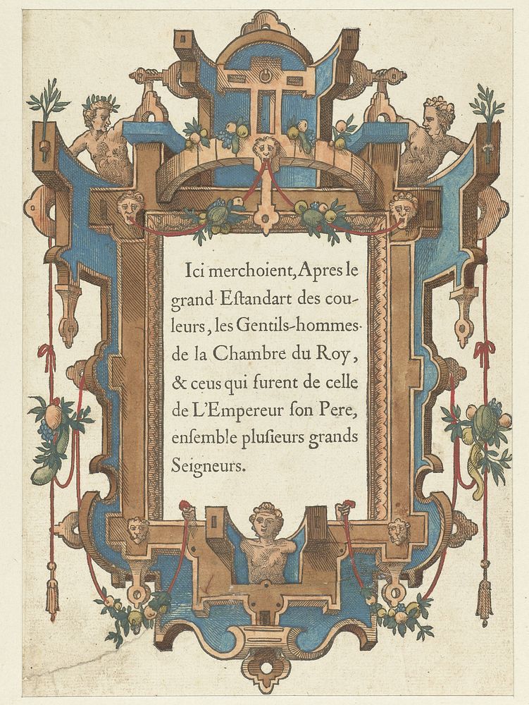 Tekstblad met aankonding van het volgende deel van de stoet (1559) by anonymous, Christoffel Plantijn and Pierre de Vernois