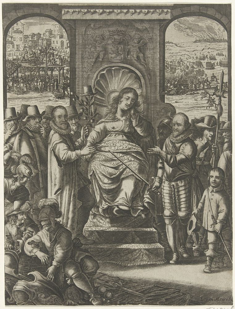 Allegorische titelprent met de Nederlandse Maagd geflankeerd door Willem van Oranje en prins Maurits (1629 - 1680) by Jacob…