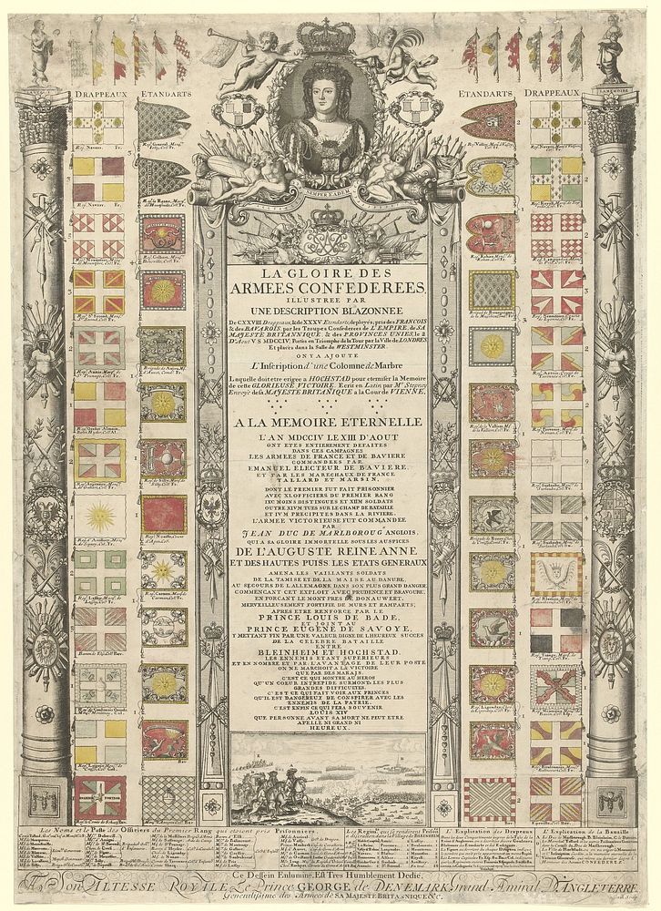 Overzicht van de tijdens de slag bij Höchstädt op de Fransen en Beiersen veroverde vaandels, 1704 (1704 - 1708) by Robert…