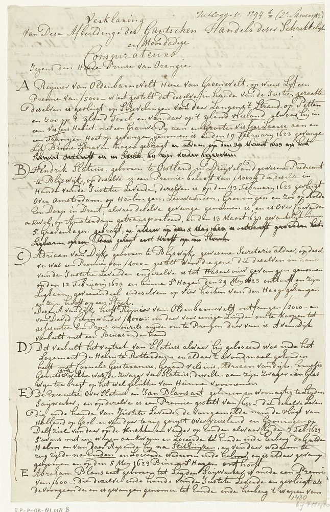 Transcriptie van een verklaring van de prent met de drie hoofdrolspelers in de samenzwering tegen Maurits, 1623 (1850 -…