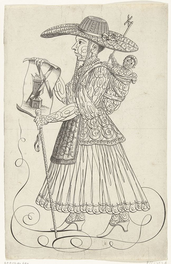 Kalligrafie van vrouw met kind en windmolens, ca. 1720 (1720) by anonymous