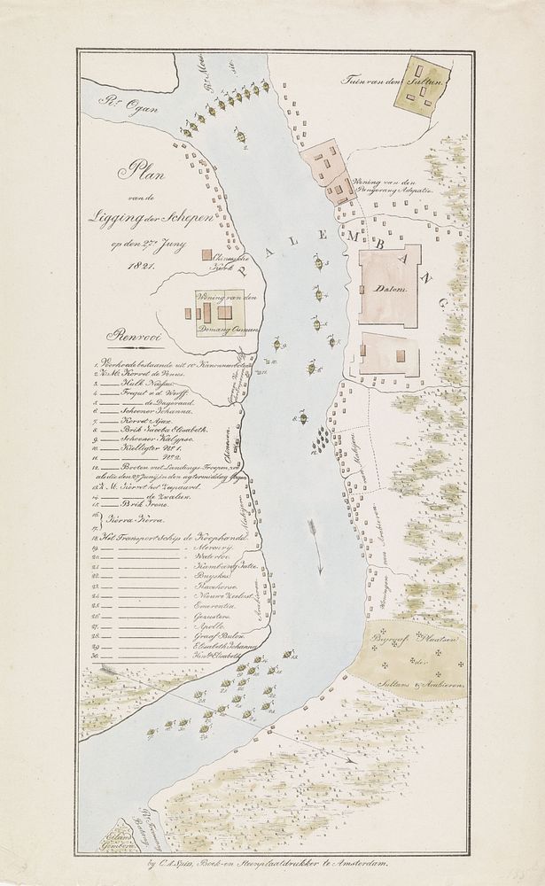 Kaart van de rivier bij Palembang, 1821 (1821) by anonymous and Christiaan Andersen Spin