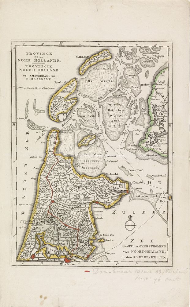 Kaart van het gebied in Noord-Holland getroffen door de overstromingen in 1825 (1825) by anonymous and Evert Maaskamp