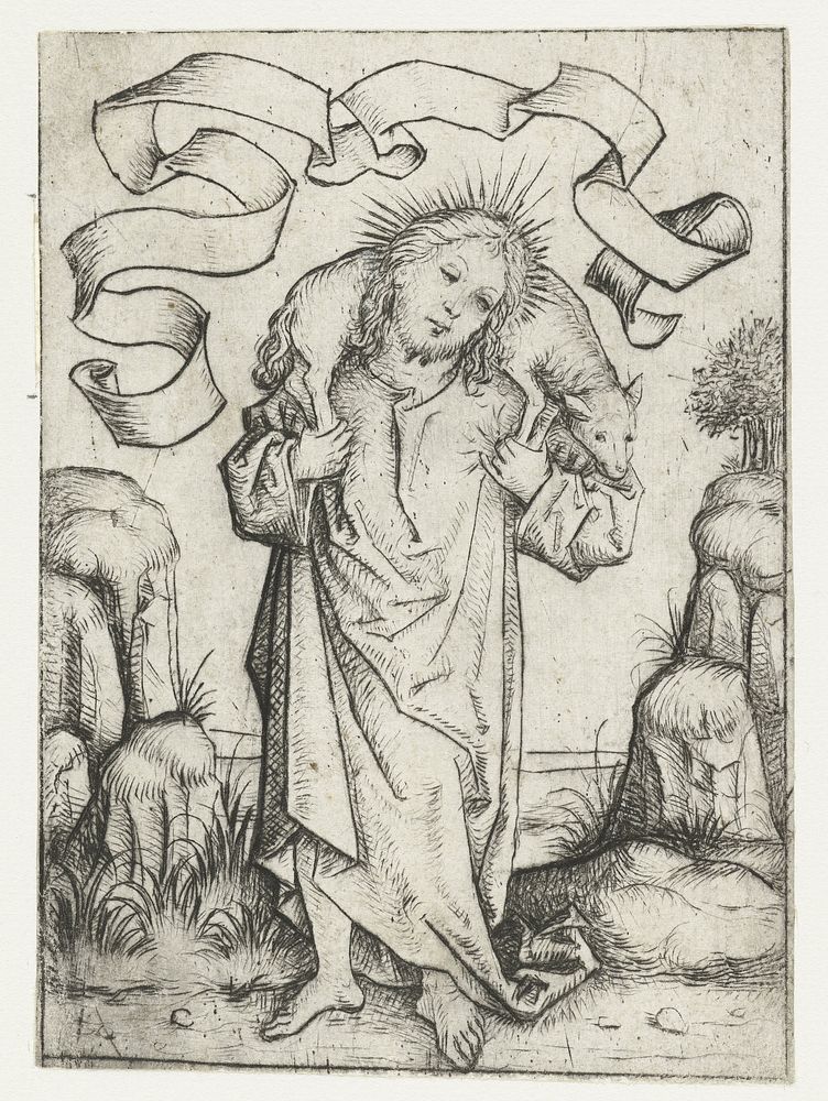 Christus als de Goede Herder (1473 - 1477) by Meester van het Amsterdamse Kabinet and Meester van het Amsterdamse Kabinet