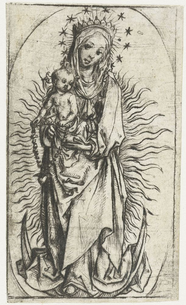 Madonna met sterrenkroon en rozenkrans op de maansikkel (1488 - 1492) by Meester van het Amsterdamse Kabinet and Meester van…