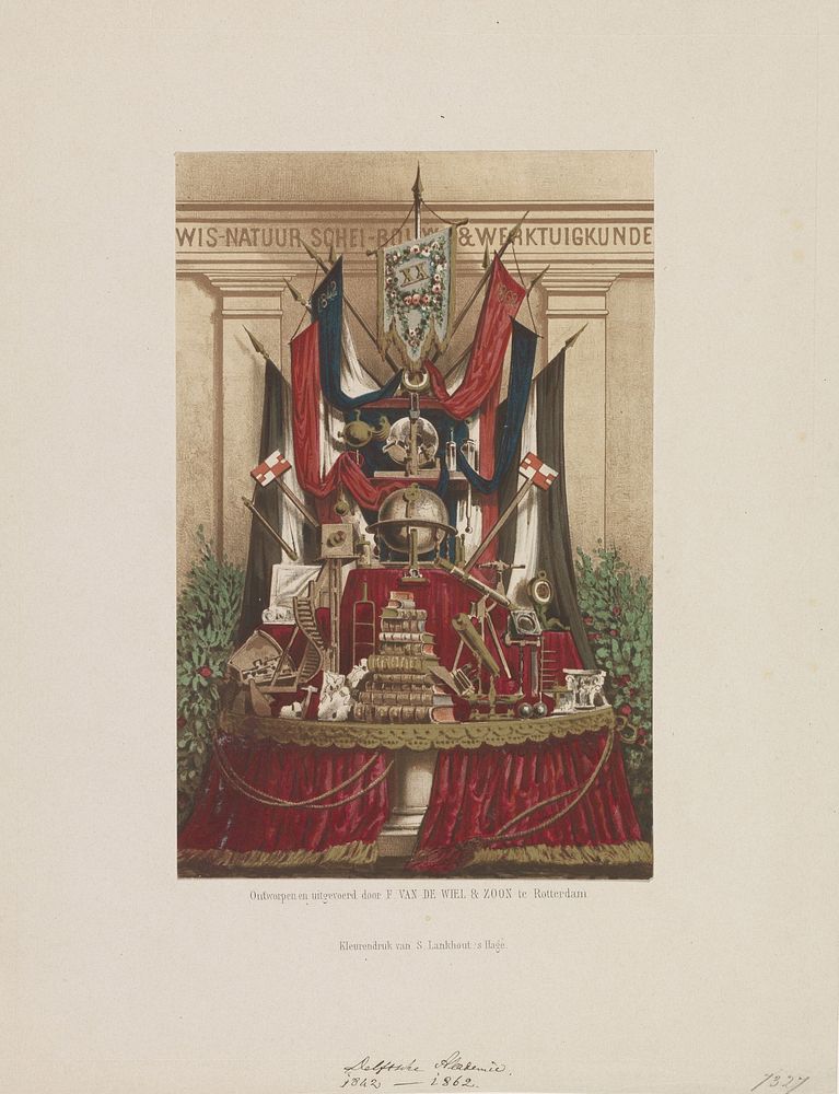 Trofee als versiering bij de viering van het twintigjarig bestaan van de Delftsche Academie, 1862 (1862) by Samuel Lankhout…