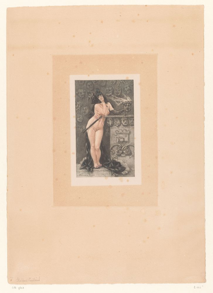 Staande naakte vrouw voor een muur met maskers (1889) by Félicien Rops