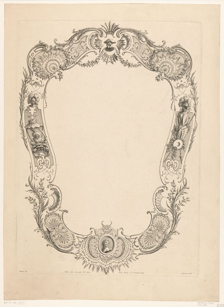 Cartouche met bustes en harnas (1731) by Jean Moyreau, Jean Antoine Watteau, Edme François Gersaint and Franse kroon