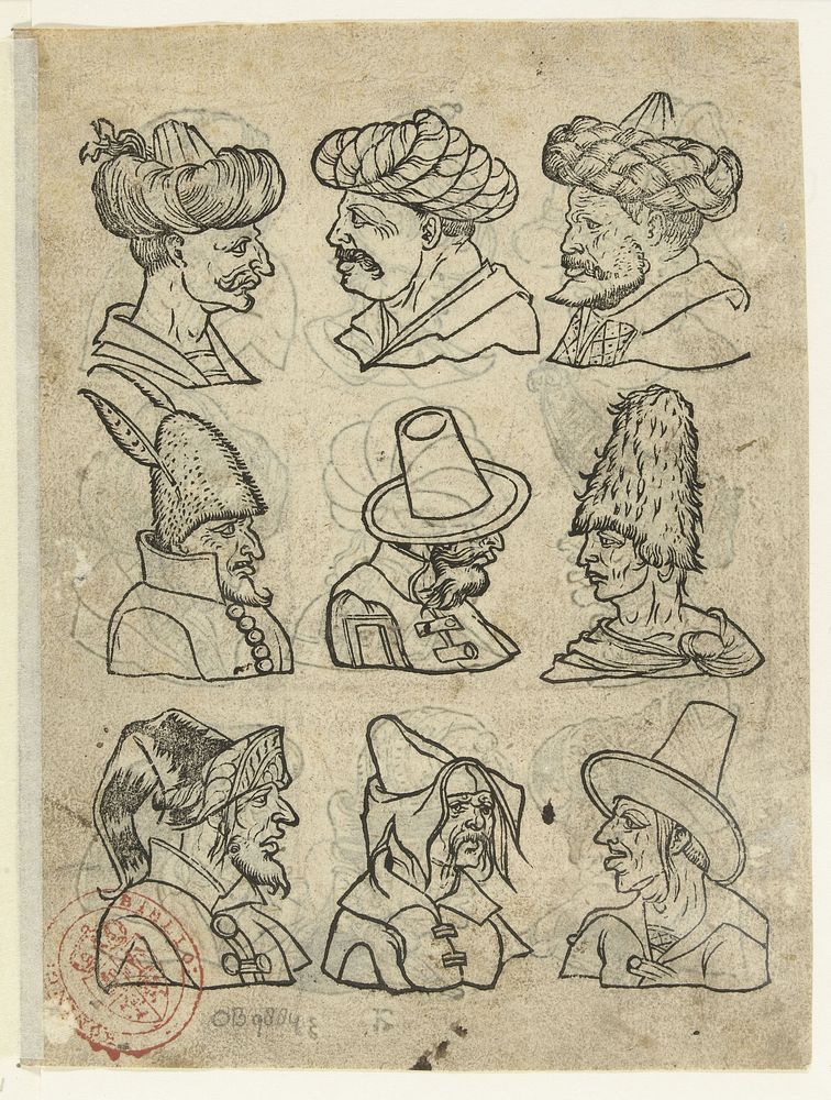 Negen mannenhoofden met verschillende soorten hoofdbedekkingen, zoals tulbanden (1500 - 1568) by anonymous, Heinrich…