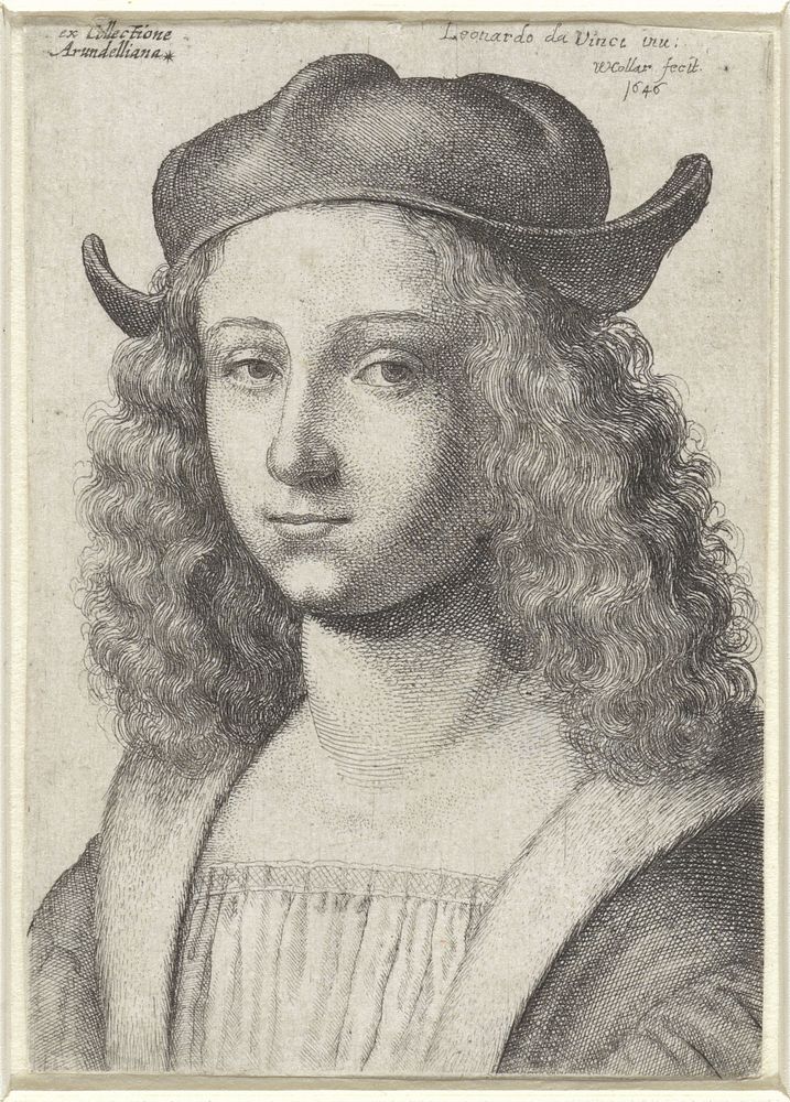 Portret van een jonge man met lang krullend haar en een muts (1646) by Wenceslaus Hollar and Leonardo da Vinci