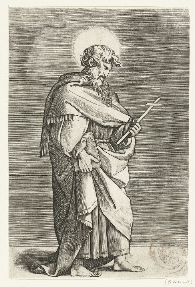 Apostel Filippus met kruis (1517 - 1527) by Marco Dente, Marcantonio Raimondi and Rafaël