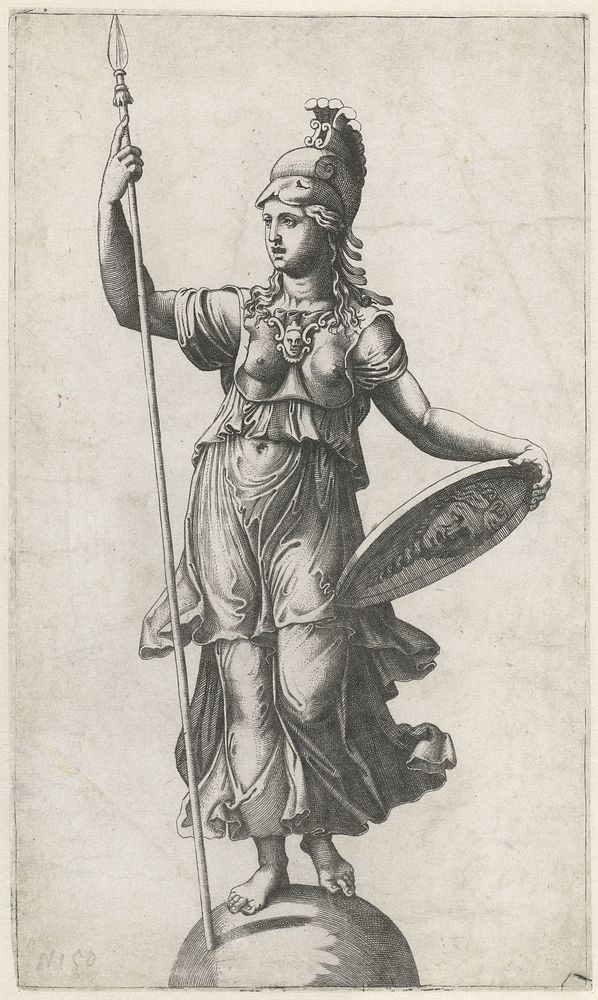 Minerva (Pallas Athena) in wapenrusting staand op globe (1520 - 1527) by Marcantonio Raimondi, Giulio Romano and Rafaël
