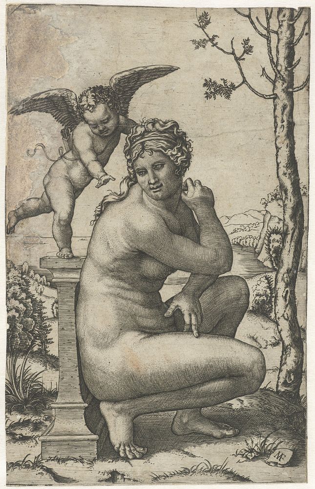 Venus hurkend bij zuil waarop Amor staat (1510 - 1527) by Marcantonio Raimondi and Marcantonio Raimondi