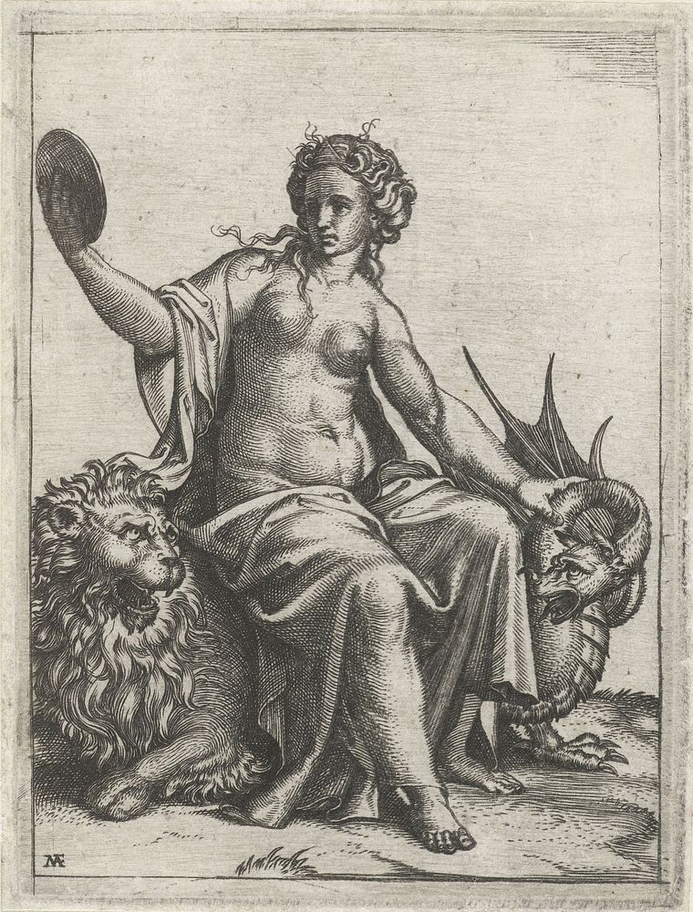 Voorzichtigheid (Prudentia) met spiegel zittend op leeuw houdt een draak in bedwang (1510 - 1527) by Marcantonio Raimondi…