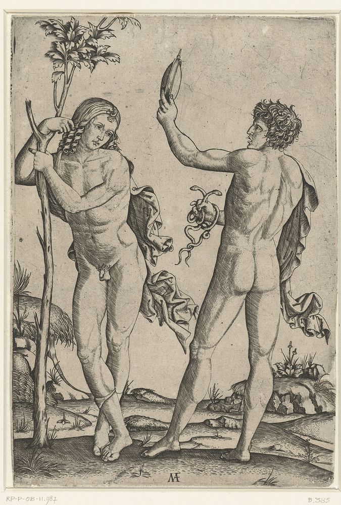 Naakte man leunend tegen boom en naakte man met spiegel en twee slangen (1510 - 1527) by Marcantonio Raimondi and…