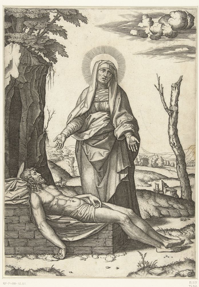 Bewening van dode Christus door Maria (1515 - 1517) by Marcantonio Raimondi and Rafaël