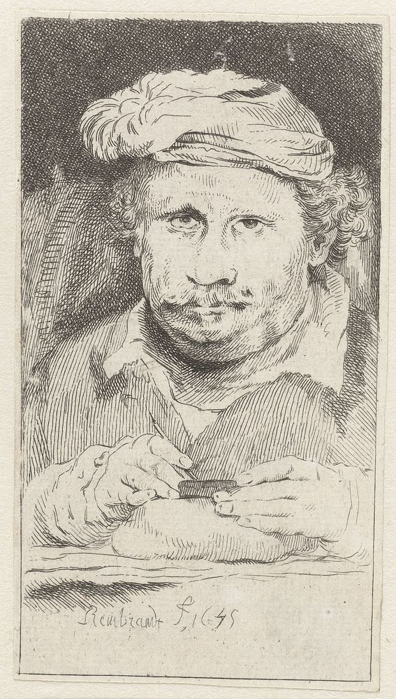 Self-portrait, drawing on an etching-plate (1733 - 1797) by Pierre François Basan and Rembrandt van Rijn