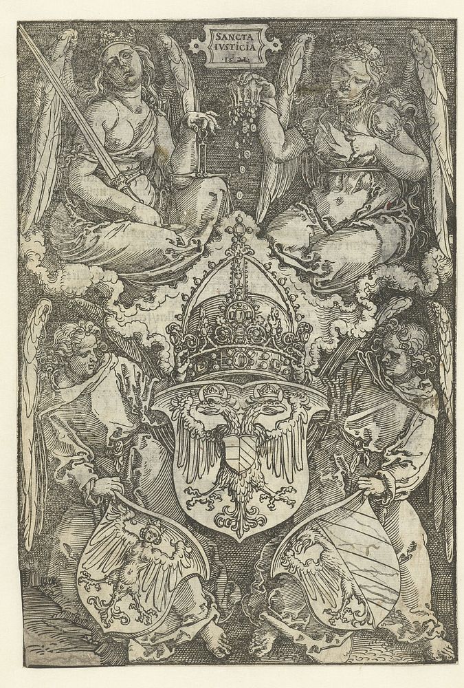 Allegorie met het wapenschild van het keizerrijk en twee wapenschilden van de stad Neurenberg (1521) by Albrecht Dürer