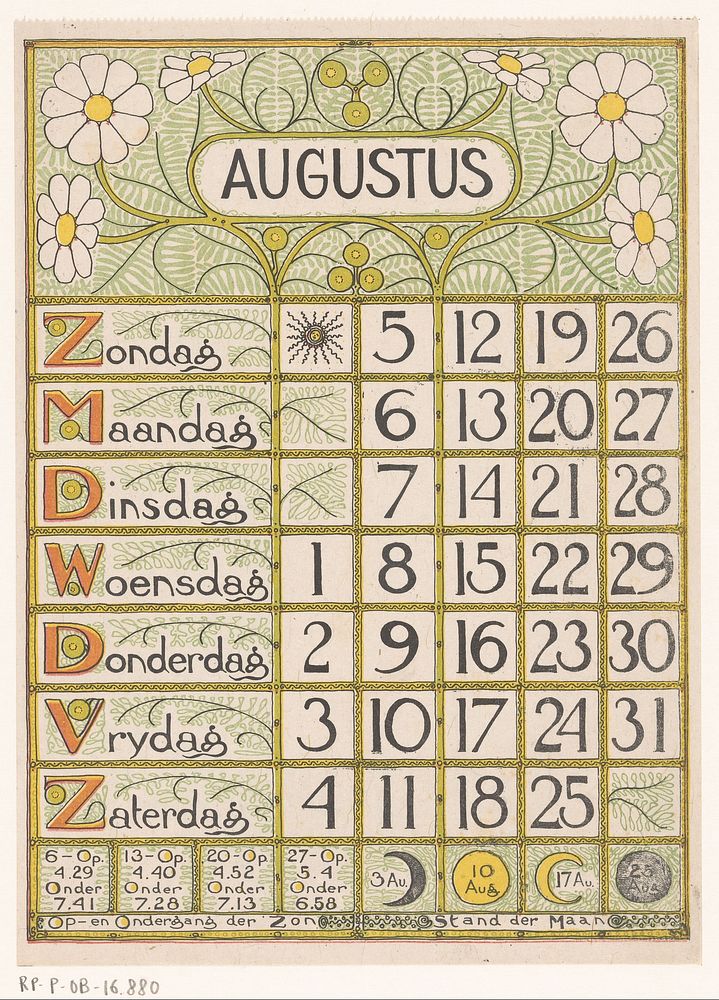 Kalenderblad voor augustus 1900 (1899) by Theo Nieuwenhuis and Scheltema and Holkema s Boekhandel