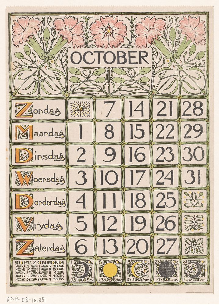 Kalenderblad voor oktober 1900 (1899) by Theo Nieuwenhuis and Scheltema and Holkema s Boekhandel