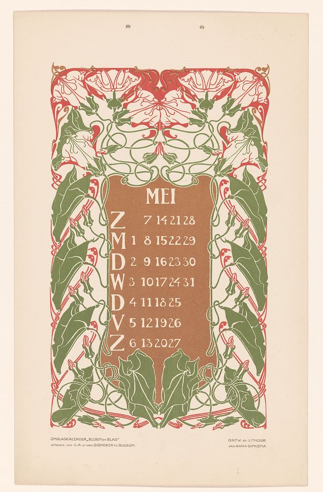Kalenderblad mei met bloemen (before 1905) by Anna Sipkema, Anna Sipkema and C A J van Dishoeck