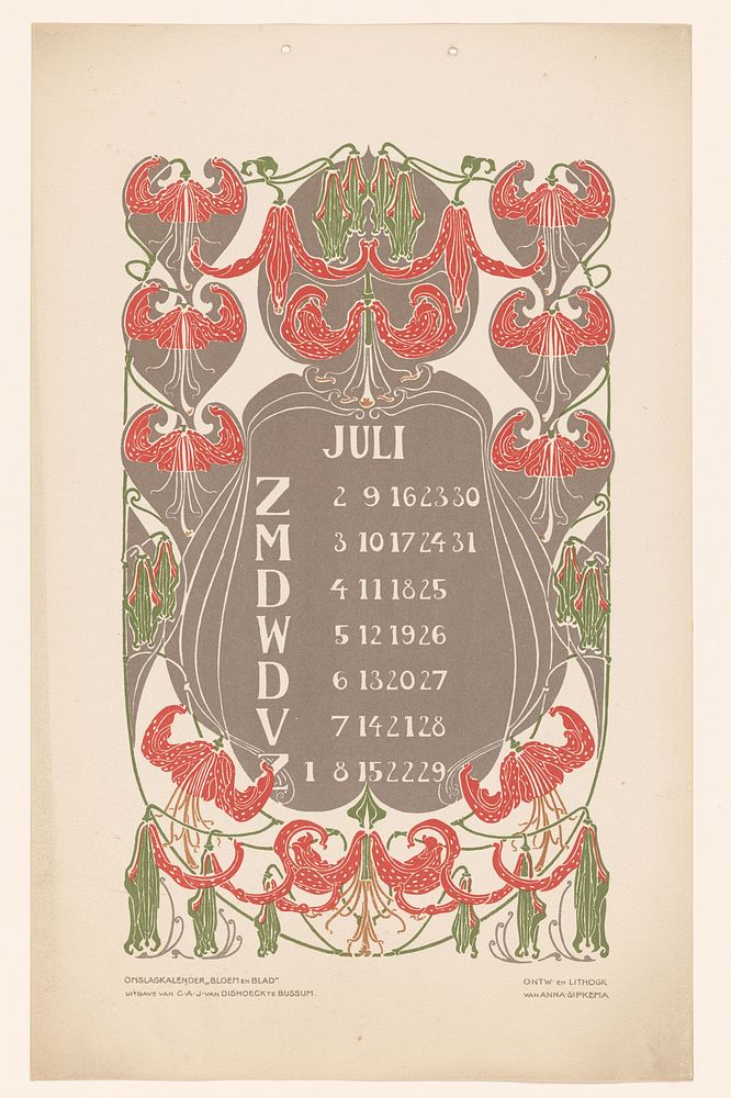 Kalenderblad juli met orchideeën (before 1905) by Anna Sipkema, Anna Sipkema and C A J van Dishoeck