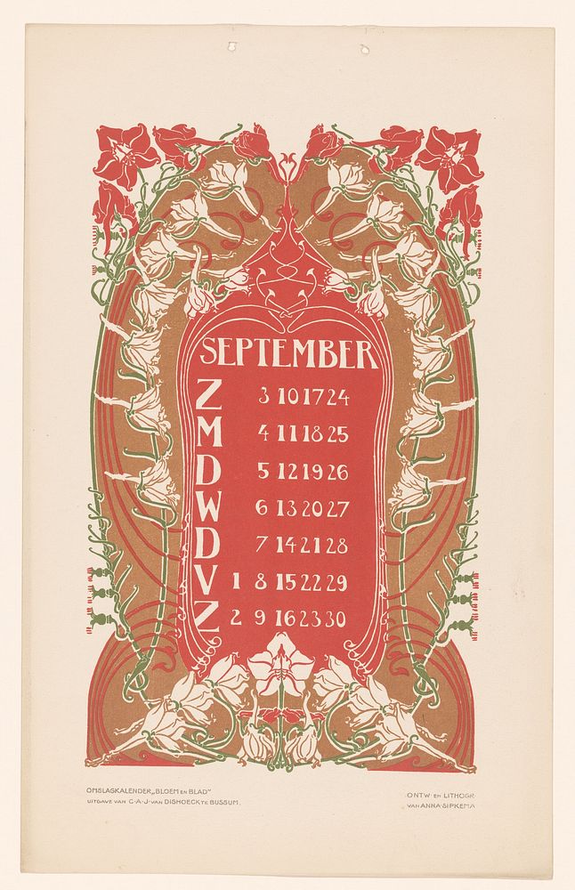 Kalenderblad september met bloemen (before 1905) by Anna Sipkema, Anna Sipkema and C A J van Dishoeck