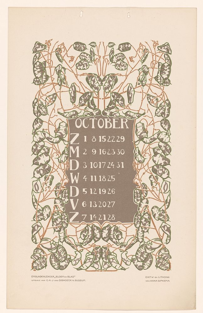 Kalenderblad oktober met bladeren (before 1905) by Anna Sipkema, Anna Sipkema and C A J van Dishoeck
