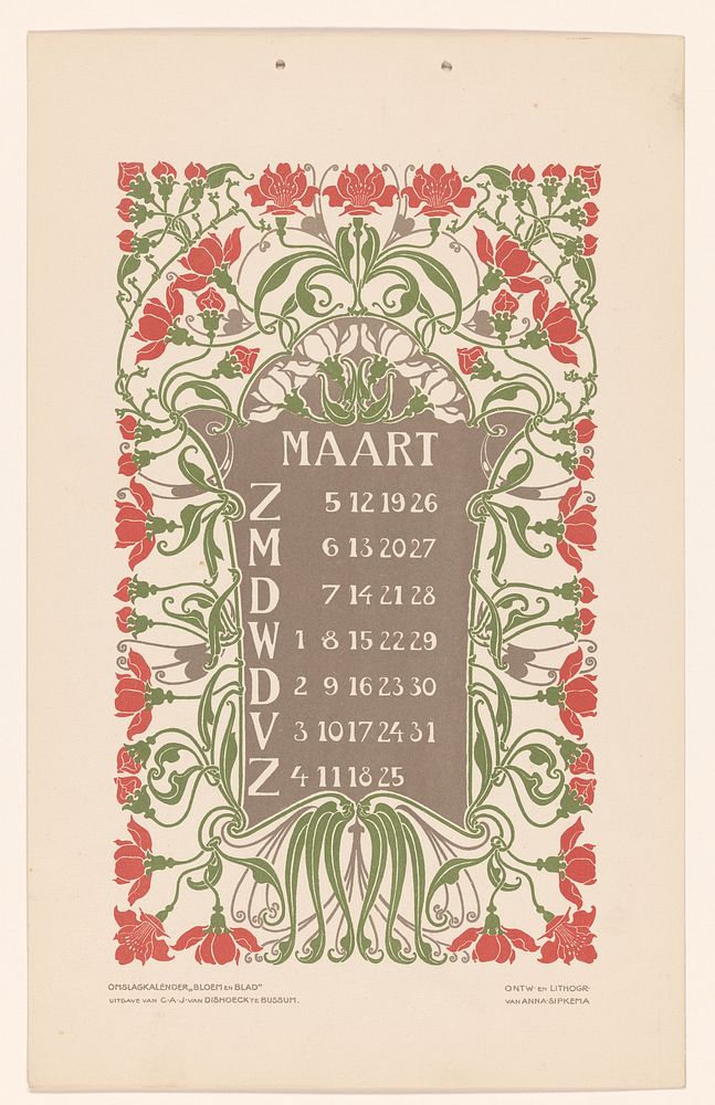 Kalenderblad maart met bloemen (before 1905) by Anna Sipkema, Anna Sipkema and C A J van Dishoeck