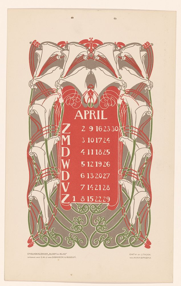Kalenderblad april met aronskelken (before 1905) by Anna Sipkema, Anna Sipkema and C A J van Dishoeck